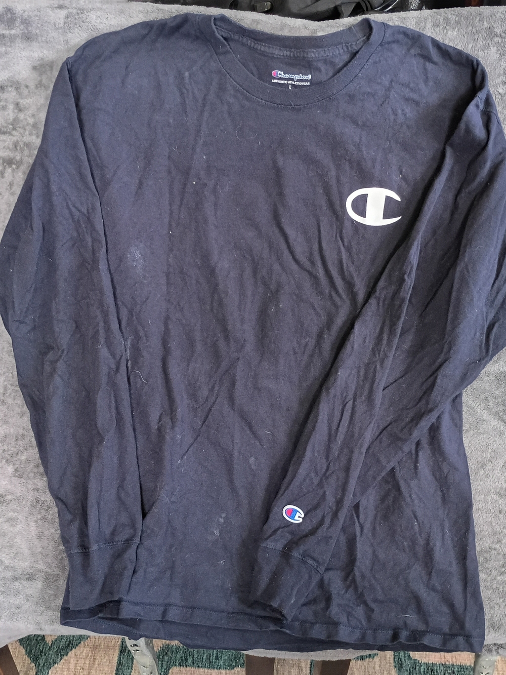 Champion Men's Long Sleeve Logo Tee - Navy With Cassette Tape Graphic On Back
